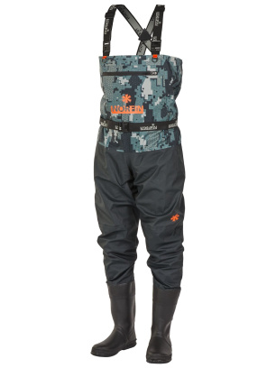 Полукомбинезон рыбацкий NORFIN PILOT CAMO BOOTFOOT (83400), сапоги резина